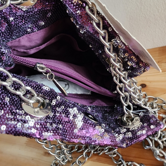 BIG BUDDHA Metallic Purple Silver Sequin Silver Chain Straps Slouchy Hobo Bag - Picture 5 of 13